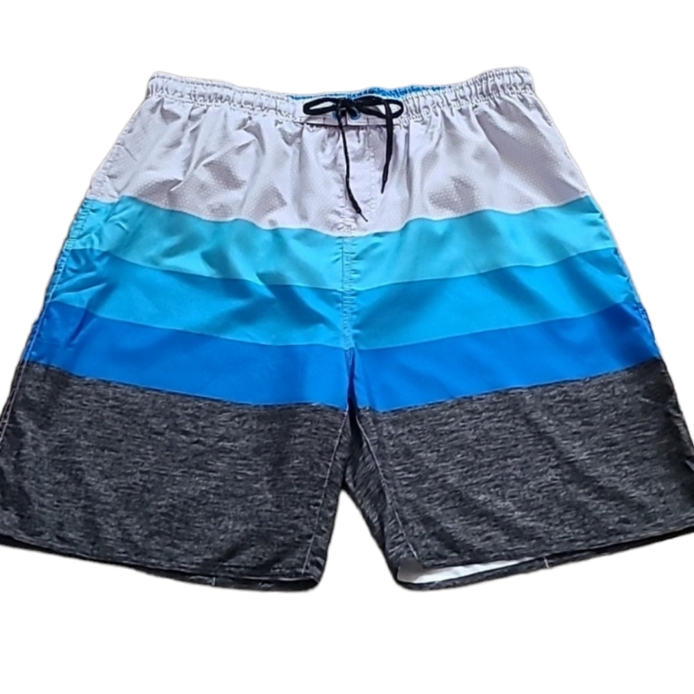 BURNSIDE MENS BLUE, GRAY, AND BLACK SWIM TRUNKS SIZE XL